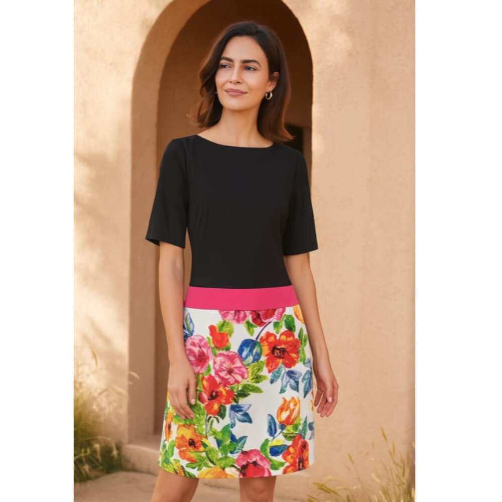 Eliza J Women's Shift Dress Black & Floral Colorblock Multicolor Size 8 Soft
